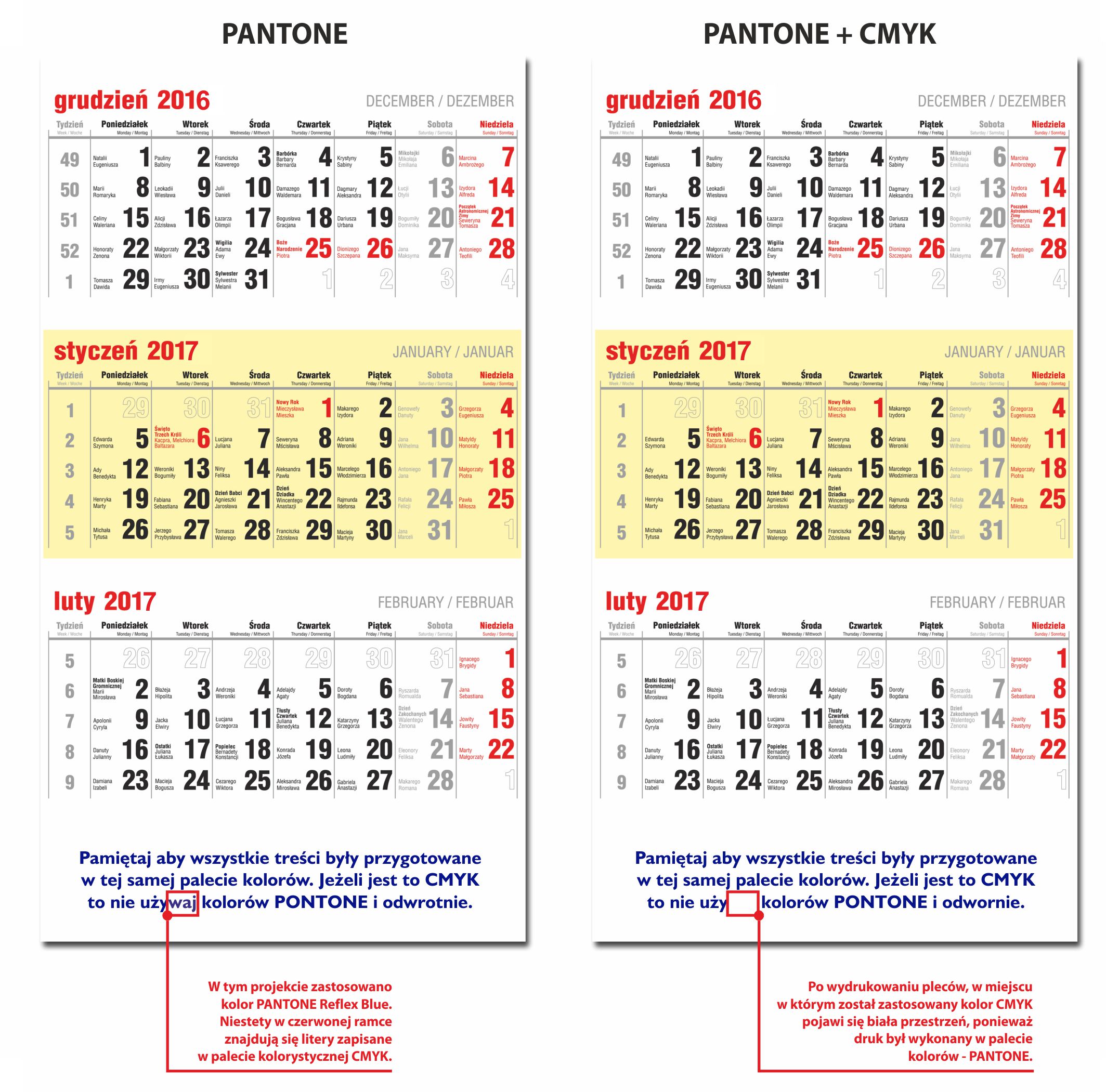 Nadruk na plecach kalendarza - druk PANTONE i CMYK